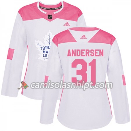 Camisola Toronto Maple Leafs Frederik Andersen 31 Adidas 2017-2018 Branco Rosa Fashion Authentic - Mulher